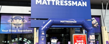 Mattressman Thurrock Storefront with opening day points of sale, and the mattressman mascot in view.