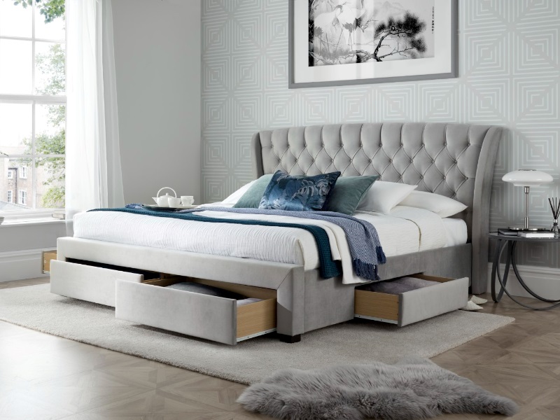 Grey fabric bed clearance with drawers